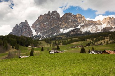 İlkbaharda güzel güneşli bir günde çiçek açan taze yeşil çayırları ile Alpler'de güzel dağ manzarası. İtalya'da Dolomiti montains. Avrupa'da ilkbaharda peyzaj. 