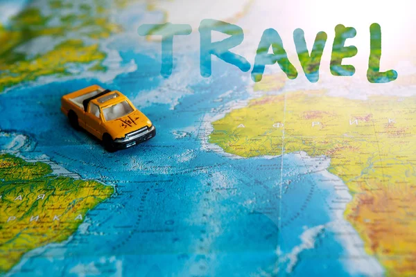 Image Travel Concept Small Car World Map Abstract Idea Rent — Stock Photo, Image