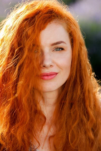 Summer Portrait Beautiful Girl Long Curly Red Hair Woman Long — Stock Photo, Image