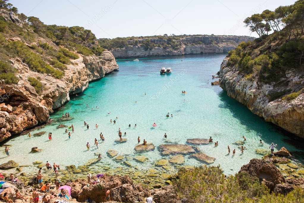 Beautiful view of cala des moro Mallorca, Spain. Bathing beach. Mediterranean sea.Idyllic turquoise crystal clear beach bay