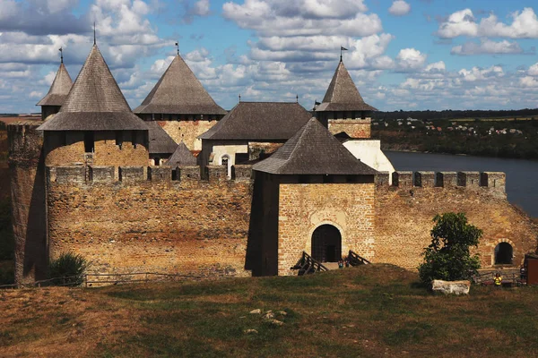 Medieval Khotyn fortress. Old stone medieval fortres in Ukraine. Old fortress by the river.