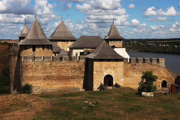 Medieval Khotyn fortress. Old stone medieval fortres in Ukraine. Old fortress by the river.