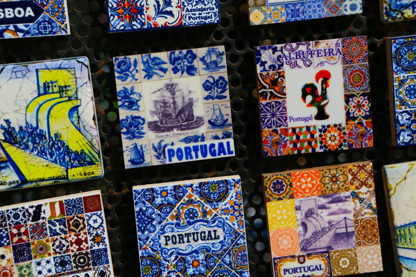Various Portuguese Traditional Azulejos. Decorated Patterned Tiles for sale as souvenirs in Lisbon Portugal