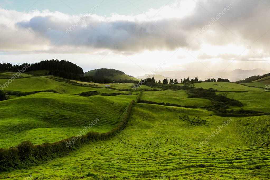 Beautiful landscape sceneries in Azores Portugal. Tropical nature in Sao Miguel Island, Azores. 