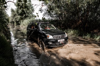 Otomobil Toyota Land Cruiser Prado 150. Safari SUv. 4x4 yolculuk gezisi. Ralli yarışı.