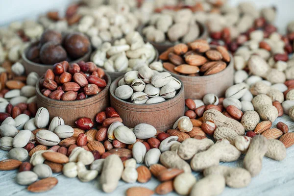 Assorted Nuts Background Almond Walnut Cashew Pistachios Hazelnuts Peanuts Macadamia — Stock Photo, Image