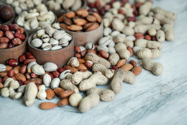 Assorted nuts for a background. Almond, walnut,cashew, pistachios, hazelnuts, peanuts, Macadamia. Collection of different varieties of nuts. Composition with dried fruits. Healthy food. Organic.