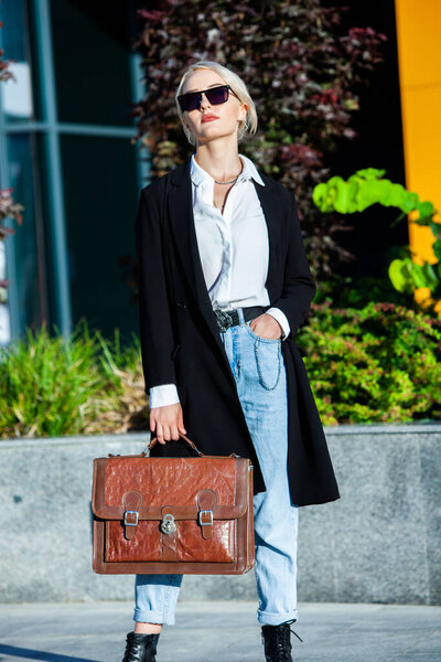 Portrait Of Successful Business Woman. Blonde european girl. Russian business lady. Hipster girl outfits.