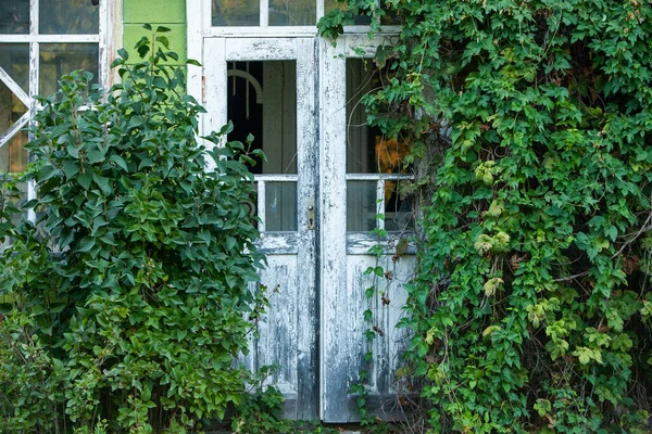 Fassade Eines Verlassenen Hauses Alte Holztür Alte Mauer Mit Großen — Stockfoto