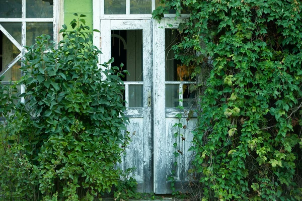 Fassade Eines Verlassenen Hauses Alte Holztür Alte Mauer Mit Großen — Stockfoto