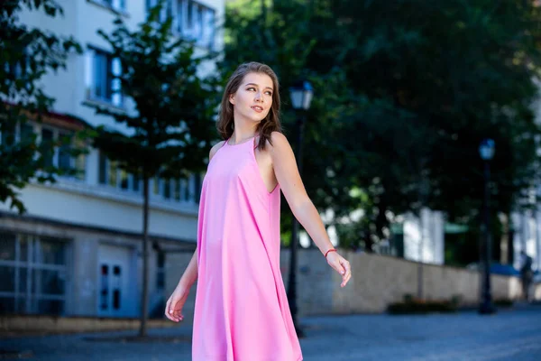 Beautiful European Girl Summer Dress Walking Street Sexy Young Woman — Stock Photo, Image