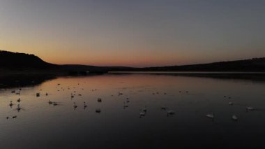 Moldova Cumhuriyeti 'nde gün batımında Dinyester Nehri' nin insansız hava aracı görüntüsü. Doğu Avrupa 'da muhteşem sonbahar doğası