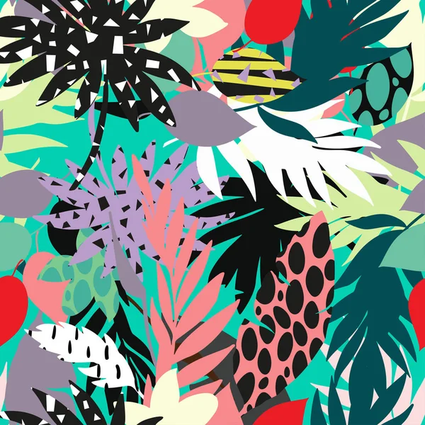 Vector sömlös vackra konstnärliga ljusa tropiska mönster med banan, Syngonium och Dracaena löv, sommaren beach fun, färgglada ursprungliga elegant blommig bakgrund skrivs ut, fantastisk skog — Stock vektor