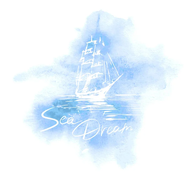 Vector hand drawn sailing ship on blue watercolour background — Stock Vector