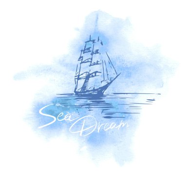 Vektör elle çizilmiş mavi suluboya arka plan üzerinde gemi yelken