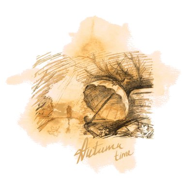 Elle çizilmiş sonbahar manzara çizdi. Alley, tezgah unuttun mu şemsiyesi ve emekli bir kadın silueti ile