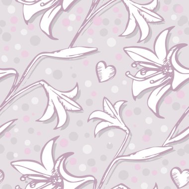 Lily Dikişsiz desen duvar kağıdı, Web sitesi veya elle çizilmiş sonsuz çizim çiçek ışık arka plan kıvrılmış yaprak üzerinde baskı Tekstil