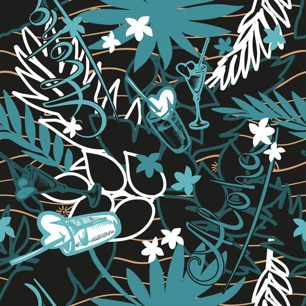 Fond tropical estival sans couture avec des feuilles de palmier exotiques, des plantes, des cocktails, des cœurs et une inscription - Aloha. Illustration vectorielle. Fond floral vectoriel foncé . — Image vectorielle