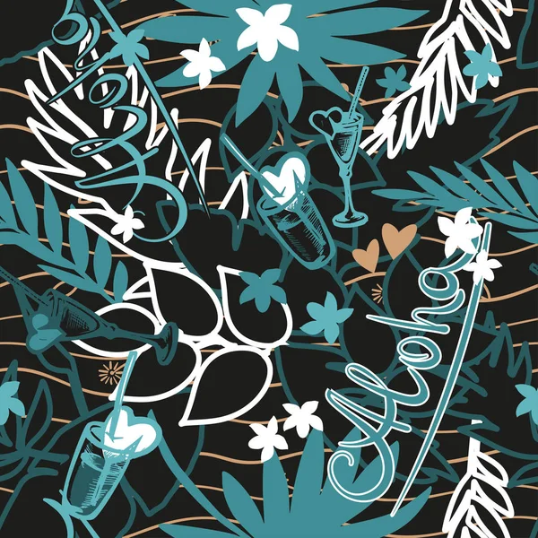 Sommar tropiska sömlös bakgrund med exotisk palm blad, växter, cocktails, hjärtan och inskrift - Aloha. Vektorillustration. Mörka vector blommig bakgrund. — Stock vektor