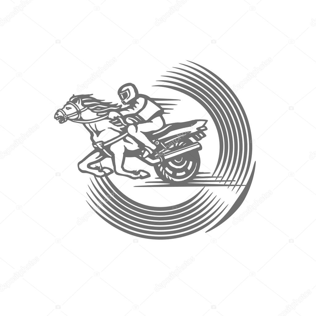 Vector emblem with a rider on a horse, motorbike and inscription.