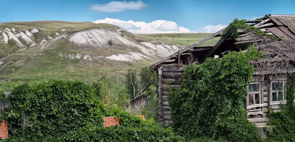 Ein mit Efeu bewachsenes Haus vor dem Hintergrund alter Berge — Stockfoto