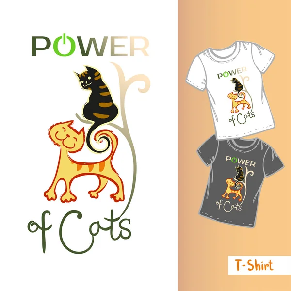 Vector line t-shirt template.Three hand drawn funny cats and the inscription Exellent POWER OF CAT — Stock Vector