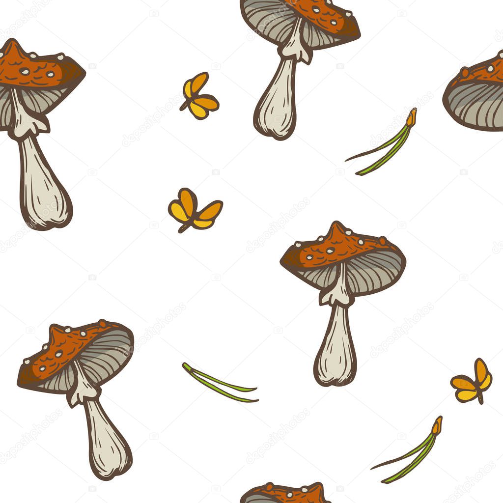 Seamless background with mushrooms, needles and moths. Amanita fly agari