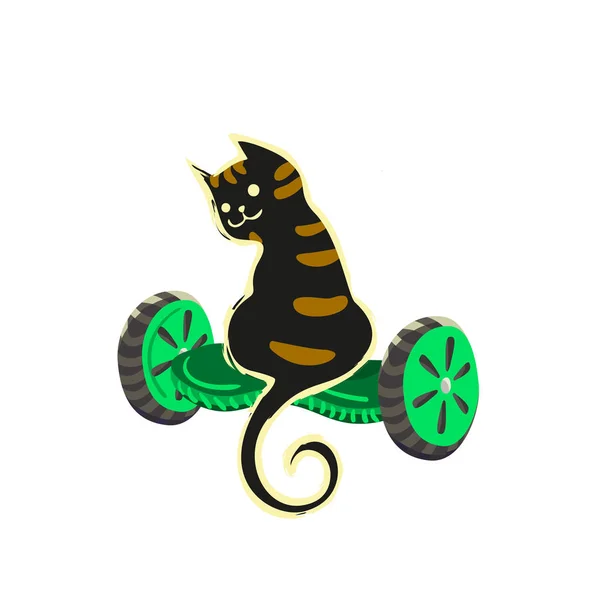 Um gato preto dos desenhos animados olha em volta, sentado em um giroscópio. Ilustração de uma série Gatos engraçados — Fotografia de Stock