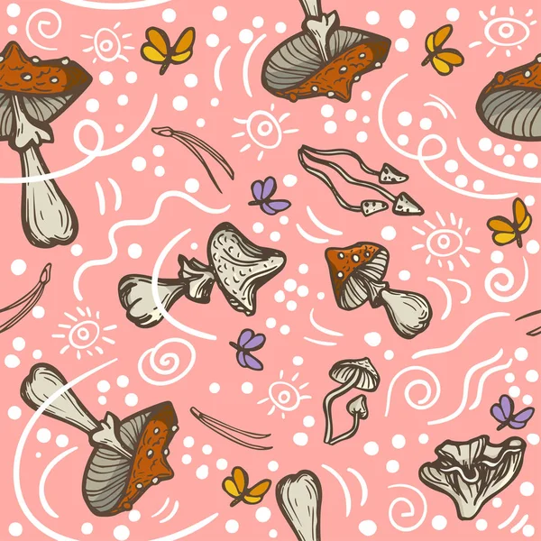 Fondo sin costuras con setas, agujas y polillas. Amanita fly agari — Foto de Stock
