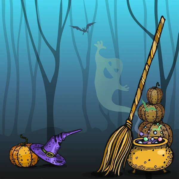 Fondo de Halloween con bosque caducifolio y. Ilustración vectorial — Vector de stock