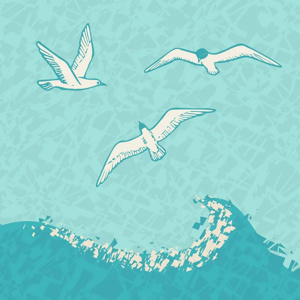 Три літаючих чайки над стилізованою хвилею на синьому абстрактному фоні — стоковий вектор