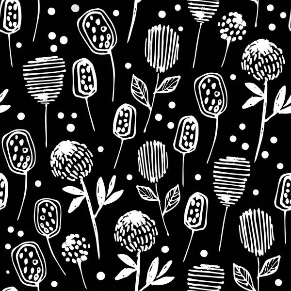 Varrat nélküli őszi virágmintás lóhere. Egyszerű botanikai mintát. Szövet és textil vonalas. Fekete-fehér stílus. — Stock Vector