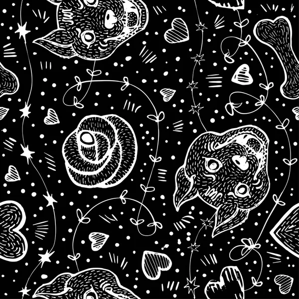 Siyah ve beyaz vektör seamless modeli el boyaması pit bull, kalp, kemikleri bir İskandinav tarzı ile.