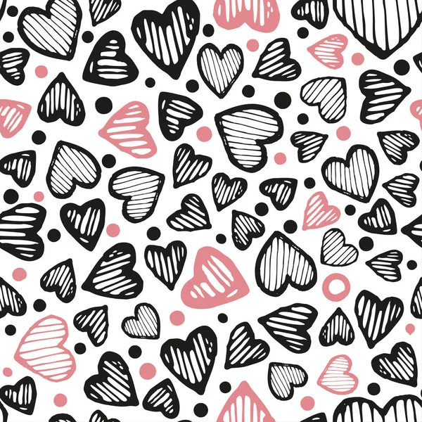 Astratto modello di cuore senza soluzione di continuità. Illustrazione dell'inchiostro. Bianco, nero e rosa — Vettoriale Stock