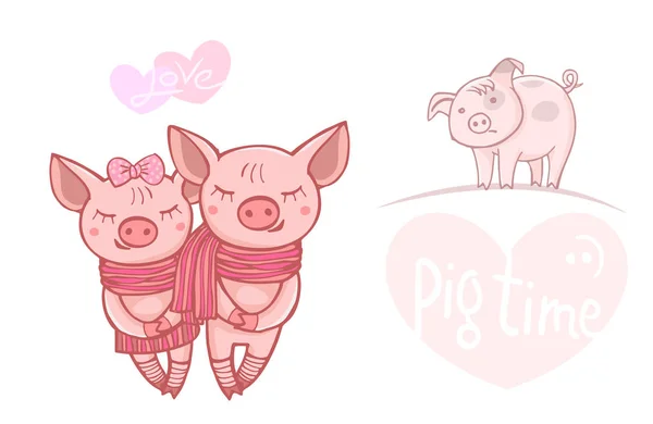 Lindo personaje de dibujos animados de cerdo rosa en bufandas paseo. Ilustración vectorial . — Archivo Imágenes Vectoriales