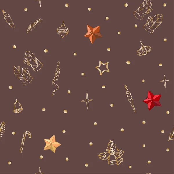 Padrão sem costura bonito com belas estrelas desenhadas à mão e elementos de inverno de ouro. Ilustração de doodle vetorial. Design de pano, papel de parede, envoltório . — Vetor de Stock