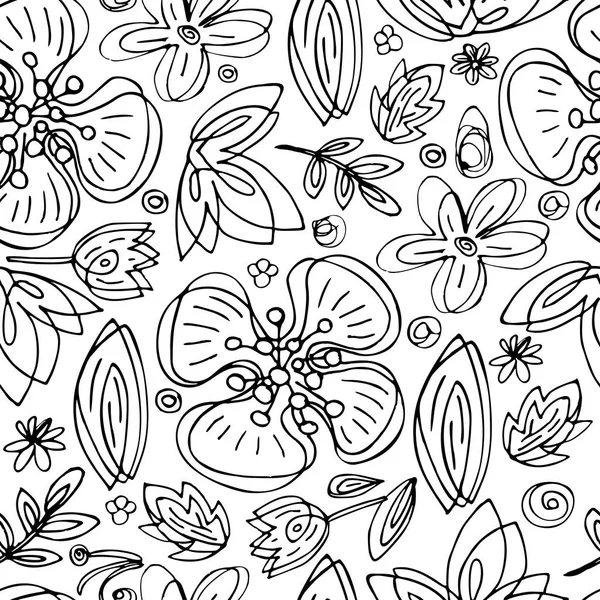 黒と白のベクトル シームレス花柄手は白い背景の抽象的な花を描く — ストックベクタ