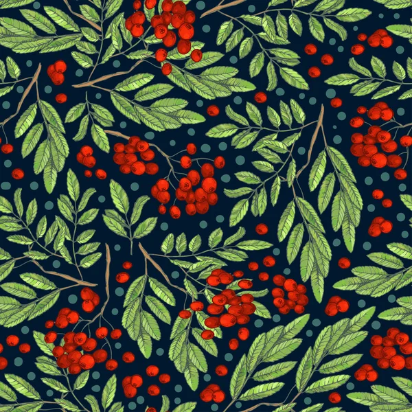 Nahtlos buntes Herbstmuster mit Vogelbeeren und grünen Blättern auf dunklem Hintergrund. Florale Eberesche Illustration für den Druck. — Stockfoto