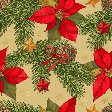 Çam dalları, koniler, Atatürk çiçeği çiçek, kırmızı ve altın yıldız, kırmızı yay ve altın kar taneleri ile çizilmiş el ile sorunsuz Noel arka plan vektör