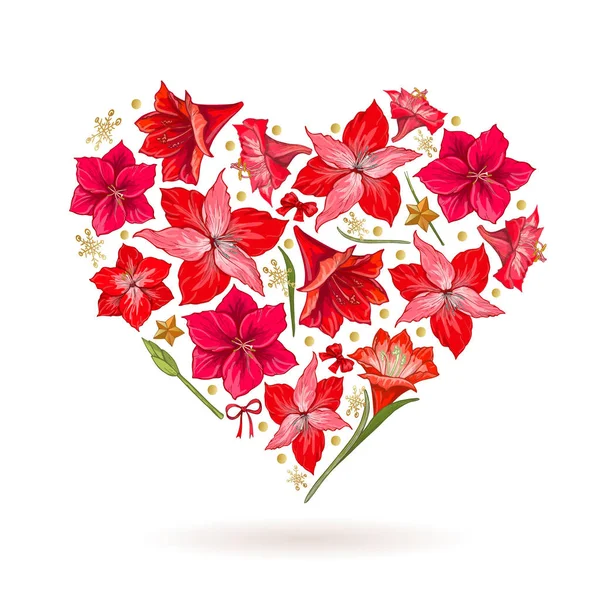 Hand getekend hart van Hipeastrum bloemen. Kaart-Valentijnsdag — Stockvector