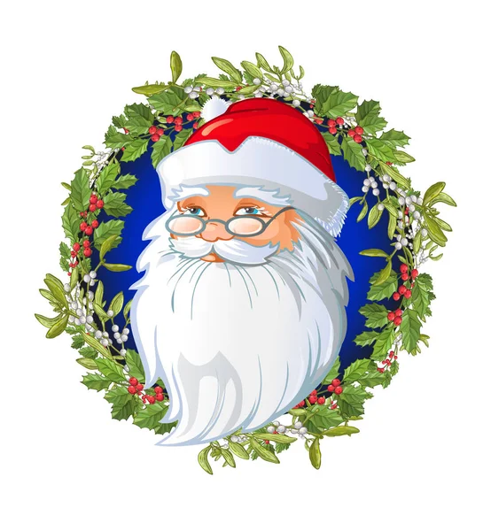 Santas cartoon head on the Christmas wreath decorated with Traditional Christmas plant. Holiday red berry with green leaves and Mistletoe. Decorating for national Festive on white background. xmas — Stock Vector