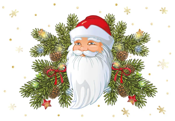 Papai Noel russo Cabeça contra o fundo de ramos de abeto com decorações de Natal e luzes. Ilustração dos desenhos animados vetoriais — Vetor de Stock