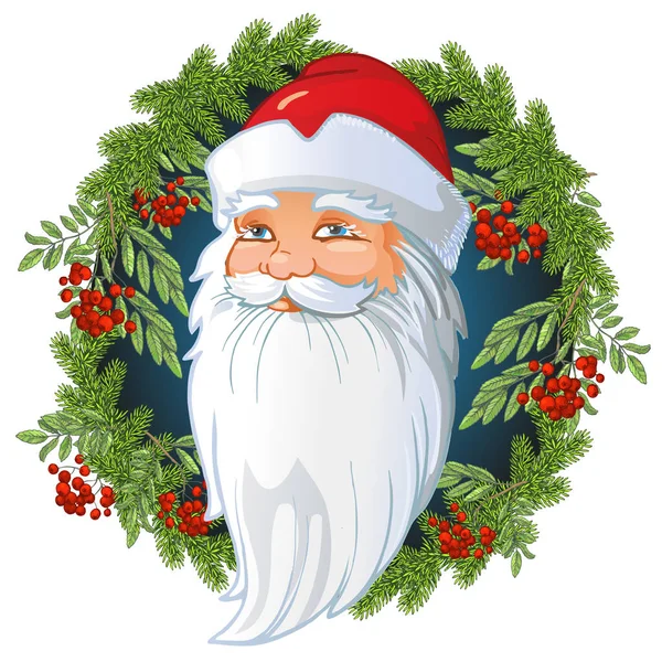 Russian Santa Claus Head inside a wreath of spruce and rowan twigs, leaves and berries of mountain ash. Cartoon illustration — Stock Photo, Image