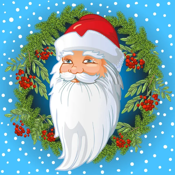 Der russische Weihnachtsmann steckt in einem Kranz aus Fichten- und Vogelbeerzweigen, Blättern und Beeren der Eberesche. Vektor Cartoon Illustration — Stockvektor