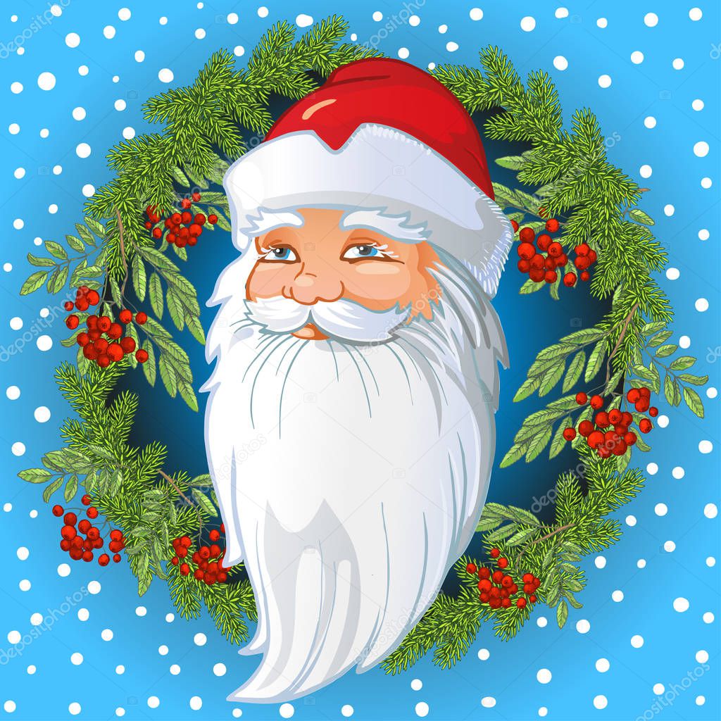 Russian Santa Claus Head inside a wreath of spruce and rowan twigs, leaves and berries of mountain ash. Vector cartoon illustration