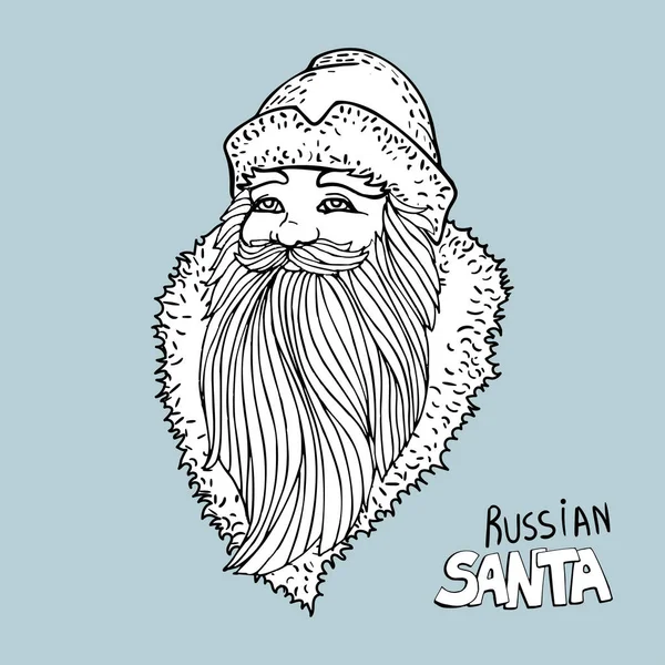 Porträt des russischen Weihnachtsmannes. Schwarz-weiße Vektorzeichnung mit Schneeflocken. Symbol traditionellen Neujahrscharakter. Skizze für Malbuch — Stockvektor