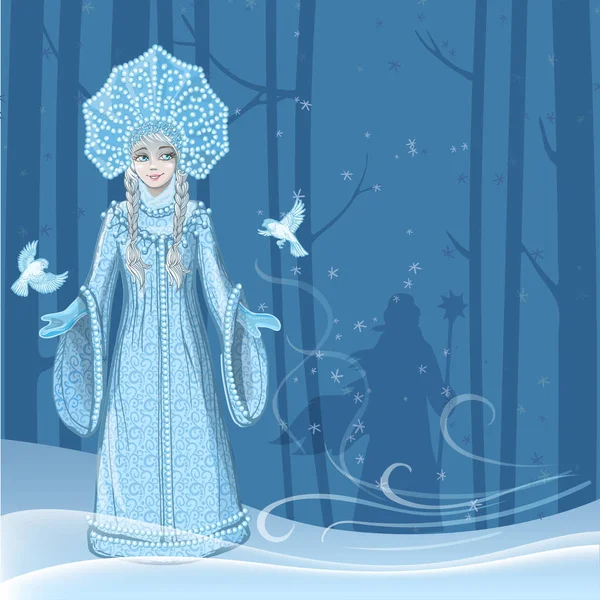 Mooi jong meisje sneeuw meisje met twee sneeuw vogels vliegen rond in het bos van de winter en het silhouet van Russische Santa Claus achter de bomen. Karakter van de Russische folklore. Schets van Kerstmis — Stockvector