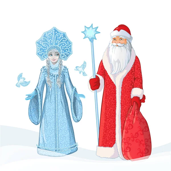 O russo Father Frost também conhecido como "Ded Moroz" e sua neta "Sneguroschka". Ilustração dos desenhos animados vetoriais —  Vetores de Stock