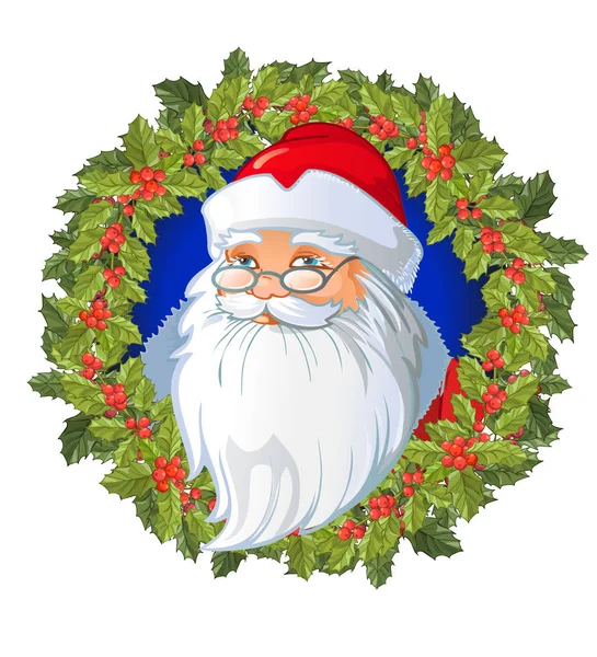 Weihnachtsmann Cartoon Kopf auf dem Weihnachtskranz mit traditionellen Weihnachtspflanze dekoriert. Urlaub rote Beeren mit grünen Blättern. Dekoration für nationale Festlichkeiten auf weißem Hintergrund. Designvorlage für Weihnachten — Stockvektor