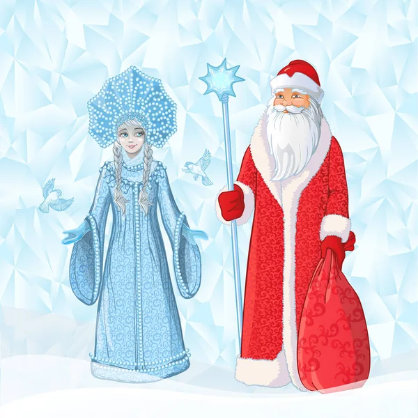 O russo Father Frost também conhecido como "Ded Moroz" e sua neta "Sneguroschka". Ilustração de desenho animado vetorial em fundo poligonal de gelo —  Vetores de Stock
